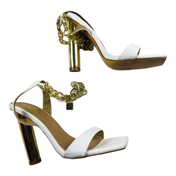 White Peep Toe Chain Link Heels Womens US 8 Square Toe Sandals Party Glam - Picture 3 of 7